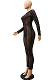 Yellow Night Club Mesh See-Through Long Sleeve Round Neck Zip Back Bodycon Jumpsuits CM2152-2