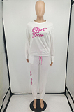 White Cotton Blend Letter Printing Long Sleeve Round Neck Fleece Long Pants With Pocket Sports Sets HXY8038-1