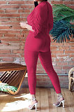 Red Women Ribber Sexy Drawsting Ruffle Pure Color Bodycon Jumpsuits ATE65007-2