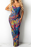 Black Women Tie Dye Demin Pattern Random Printing Condole Belt Backless Long Dress QQM4309-2