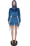 Blue Autumn And Winter Velvet Long Sleeve Zipper Hoodie Dew Waist Shorts Sports Sets DN8518-5