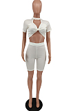 White Summer Sexy Ribber Short Sleeve Dew Waist Strapless Shorts Solid Color Two-Piece HXY8065