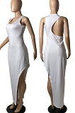 White Fashion Women Sleeveless Round Collar Hollow Out Slim Fitting Slit Solid Color Tank Long Dress YFS10008-2