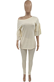 Beige Summer New Flare Half Sleeve Loose Top Bodycon Pants Solid Color Casual Sets HXY8056-2