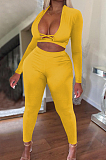 Yellow Wholesal Long Sleeve Low-Cut Cross Hollow Out Bodycon Pants Solid Color Two-Piece NRS8078-4