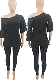 Black Summer New Flare Half Sleeve Loose Top Bodycon Pants Solid Color Casual Sets HXY8056-1