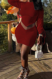 Rose RedPersonality Pure Color Long Sleeve Round Neck Top Tight Mini Skirts Sets SNM8235-5