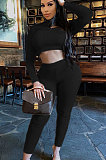 Black Women Soft Ribber Sexy Pure Color Tight Dew Waist Pants Sets BLE2171-1