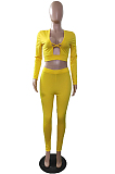 Yellow Wholesal Long Sleeve Low-Cut Cross Hollow Out Bodycon Pants Solid Color Two-Piece NRS8078-4