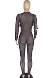 Black New Mesh See-Through High Elastic Print Long Sleeve Zipper Bodycon Jumpsuits LMM8274