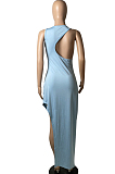 Light Blue Fashion Women Sleeveless Round Collar Hollow Out Slim Fitting Slit Solid Color Tank Long Dress YFS10008-4