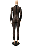 Green Night Club Mesh See-Through Long Sleeve Round Neck Zip Back Bodycon Jumpsuits CM2152-3