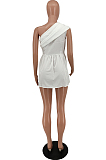White Summer New Oblipue Shoulder Solid Collcet Waist Color Mini Dress HXY8061