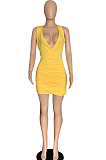 Yellow Sexy Sleeveless Low-Cut Ruffle Slim Fitting Solid Color Hip Dress P8617-3