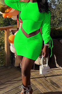Neon Green Personality Pure Color Long Sleeve Round Neck Top Tight Mini Skirts Sets SNM8235-7