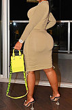 Lemon Yellow Women Round Neck Long Sleeve Solid Color Shirred Detail Bodycon Mini Dress ATE65008-3