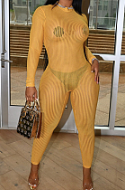 Yellow Night Club Mesh See-Through Long Sleeve Round Neck Zip Back Bodycon Jumpsuits CM2152-2