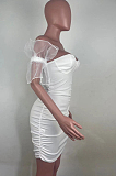 White New Sexy Mesh Puff Sleeve Solid Color Slim Fitting Strapless Hip Dress SNM8234-1