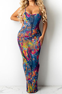 Blue Women Tie Dye Demin Pattern Random Printing Condole Belt Backless Long Dress QQM4309-1