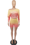 Neon Orange Casual Positioning Gradient Letter Printing Batwing Sleeve Off Shoulder Shorts Two-Piece HXY8060-2