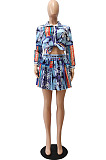 Cyan Print Lapel Neck Button Long Sleeve Shirt Mid Waist Pleated Skirts Sets CM2149-7