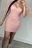 Pink New Sexy Mesh Puff Sleeve Solid Color Slim Fitting Strapless Hip Dress SNM8234-3