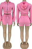 Pink Autumn And Winter Long Sleeve Hoodie Zippet Dew Waist Coat Shorts Sports Sets DN8628-3