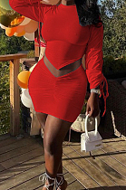 Red Personality Pure Color Long Sleeve Round Neck Top Tight Mini Skirts Sets SNM8235-3