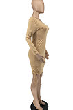 Black Women Round Neck Long Sleeve Solid Color Shirred Detail Bodycon Mini Dress ATE65008-2