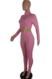 Pink Women Soft Ribber Sexy Pure Color Tight Dew Waist Pants Sets BLE2171-2
