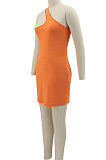 Orange Women Solid Color Irregular Sexy Tight High Elastic Off Shoulder Mini Dress KZ2126-1
