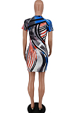 Blue Fashion Positioning Colorful Stripe Printing Short Sleeve Round Neck Tight Mini Dress HXY8063-2