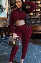 Wine Red Women Soft Ribber Sexy Pure Color Tight Dew Waist Pants Sets BLE2171-3