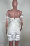 White New Sexy Mesh Puff Sleeve Solid Color Slim Fitting Strapless Hip Dress SNM8234-1