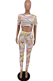 White Summer Printing Short Sleeve Round Collar Crop Top Bodycon Pants Two-Piece HXY8062