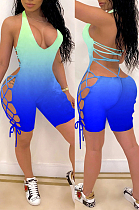 Blue Sexy Gradient Halter Neck Backless Bandage Slim Fitting Romper Shorts JH159-2