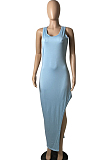 Light Blue Fashion Women Sleeveless Round Collar Hollow Out Slim Fitting Slit Solid Color Tank Long Dress YFS10008-4