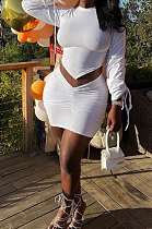 White Personality Pure Color Long Sleeve Round Neck Top Tight Mini Skirts Sets SNM8235-2