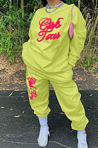 Yellow Cotton Blend Letter Printing Long Sleeve Round Neck Fleece Long Pants With Pocket Sports Sets HXY8038-2