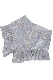 Silver Fashionable Women Ruffle Laser Glass Floral Shiny Mini Shorts HR8188-2