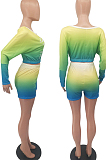 Neon Green Casual Positioning Gradient Letter Printing Batwing Sleeve Off Shoulder Shorts Two-Piece HXY8060-1