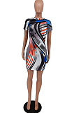 Blue Fashion Positioning Colorful Stripe Printing Short Sleeve Round Neck Tight Mini Dress HXY8063-2
