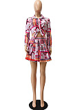 Red Print Lapel Neck Button Long Sleeve Shirt Mid Waist Pleated Skirts Sets CM2149-6