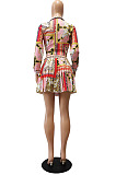 Red Print Lapel Neck Button Long Sleeve Shirt Mid Waist Pleated Skirts Sets CM2149-6