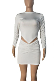 White Personality Pure Color Long Sleeve Round Neck Top Tight Mini Skirts Sets SNM8235-2