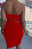 Red Women Cotton Pure Color Strapless Bowknot Backless Skirts Variety Style Two-Pieces QQM4301-2