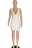 White Sexy Sleeveless Low-Cut Ruffle Slim Fitting Solid Color Hip Dress P8617-1