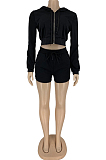 Black Autumn And Winter Long Sleeve Hoodie Zippet Dew Waist Coat Shorts Sports Sets DN8628-2
