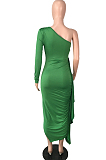 Green Autumn And Winter One Shoulder Long Sleeve Ruffle Laces Sexy Long Dress QY5082-2