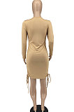 Khaki Women Round Neck Long Sleeve Solid Color Shirred Detail Bodycon Mini Dress ATE65008-1